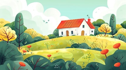 Create a vector illustration of a Farmhouse with a red roofin a kawaii style, simplified to feature fewer elements for a cleaner look, Use a color palette that is appealing to children, with bright an