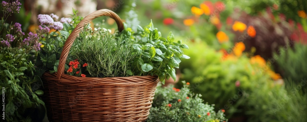 Wall mural Gardener holding a basket full of fresh herbs in a garden