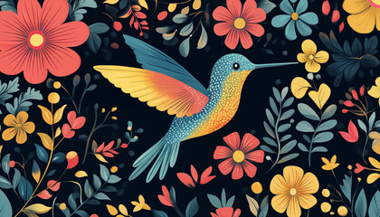Obraz premium cartoon hummingbird with flowers and leaves. Decorative pattern with flowers, berries, leaves and a hummingbird bird in the center. Cartoon illustration on a dark background.