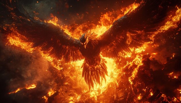 A fiery phoenix rises from the ashes surrounded by flames and smoke