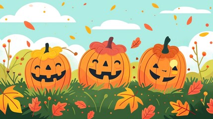 Create a illustration of a Harvested pumpkins in a fieldin a kawaii style, simplified to feature fewer elements for a cleaner look, Use a color palette that is appealing to children, with brigh