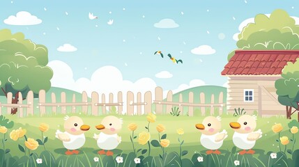 Fototapeta premium Create a illustration of a Farm ducks in a rowin a kawaii style, simplified to feature fewer elements for a cleaner look, Use a color palette that is appealing to children, with bright and chee