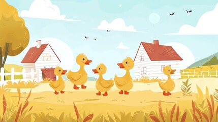 Create a illustration of a Farm ducks in a rowin a kawaii style, simplified to feature fewer elements for a cleaner look, Use a color palette that is appealing to children, with bright and chee