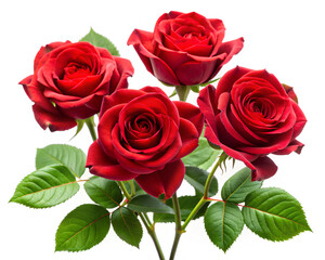 Obraz premium Red rose flowers on stem with leaves isolated on white background