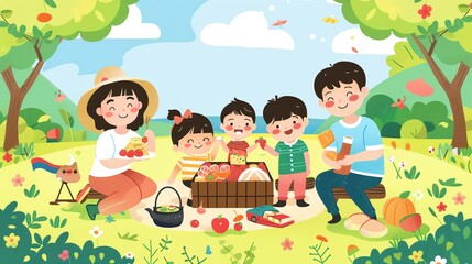 Fototapeta premium Create a illustration of a Farmer s market with producein a kawaii style, simplified to feature fewer elements for a cleaner look, Use a color palette that is appealing to children, with bright