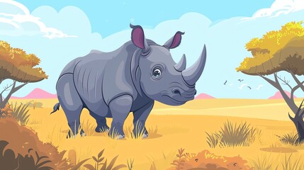 Create a vector illustration of a Rhino in the Savannah   A rhinoceros in its natural habitatin a kawaii style, simplified to feature fewer elements for a cleaner look, Use a color palette that is app