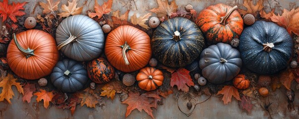 Fototapeta premium Autumn arrangement of pumpkins and fall leaves creating festive mood