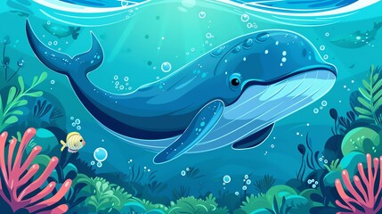 Obraz premium Create a illustration of a Blue Whale in the Ocean A massive blue whale swimming in deep watersin a kawaii style, simplified to feature fewer elements for a cleaner look, Use a color palette