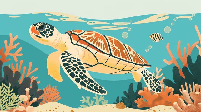 Create a illustration of a Hawksbill Sea Turtle A hawksbill sea turtle swimming among coral reefsin a kawaii style, simplified to feature fewer elements for a cleaner look, Use a color palett