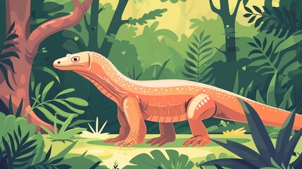 Fototapeta premium Create a illustration of a Komodo dragon sunbathingin a kawaii style, simplified to feature fewer elements for a cleaner look, Use a color palette that is appealing to children, with bright and