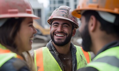 Obraz premium construction workers are wearing dirty safety vests and hard hats showing their years of experience,
