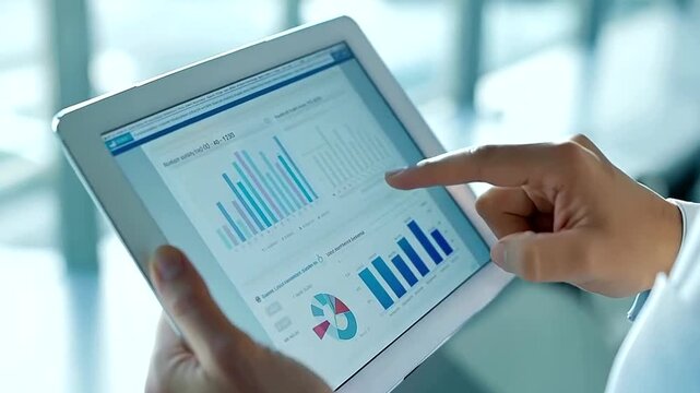 A professional in a bright, sleek office, focusing on a tablet with detailed statistical charts