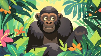 Obraz premium Create a illustration of a Western Lowland Gorilla A western lowland gorilla in a junglein a kawaii style, simplified to feature fewer elements for a cleaner look, Use a color palette that is