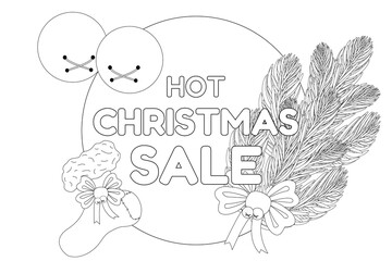 A black and white Christmas sale banner featuring festive elements like bells, a stocking, and pine branches. Perfect for coloring pages.