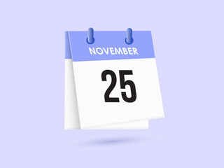 November 25 - calendar and Time planner. Daily Calendar Icon reminder. Vector Illustration.