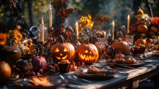 Halloween table setting with pumpkins and candles burning at sunset