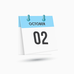 October 2 - calendar and Time planner. Daily Calendar Icon reminder. Vector Illustration.