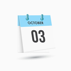 October 3 - calendar and Time planner. Daily Calendar Icon reminder. Vector Illustration.