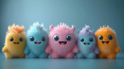 Five cute furry monsters smiling and having fun together