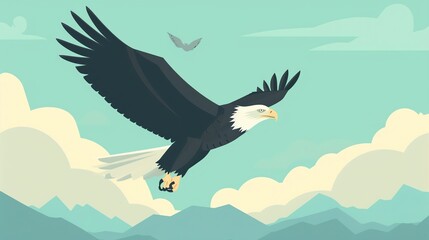 Obraz premium Create a illustration of a Bald eagle in flightin a kawaii style, simplified to feature fewer elements for a cleaner look, Use a color palette that is appealing to children, with bright and che