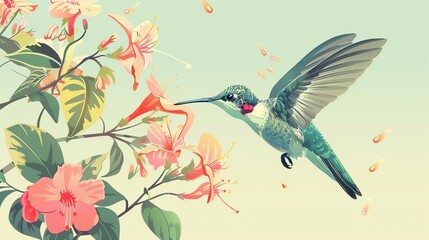 Create a illustration of a Hummingbirds sipping nectar from flowersin a kawaii style, simplified to feature fewer elements for a cleaner look, Use a color palette that is appealing to children,