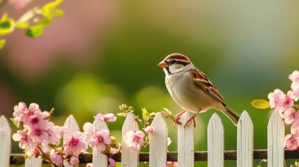 A cute sparrow with a curious expression perched on a garden fence, its fluffy feathers and cheeky behavior adding charm to the outdoor setting, while it observes its surroundings