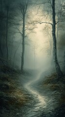 Naklejka premium Path leading through dark forest with fog and light
