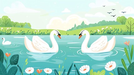 Obraz premium Create a illustration of a Swans gliding gracefully on a lakein a kawaii style, simplified to feature fewer elements for a cleaner look, Use a color palette that is appealing to children, with