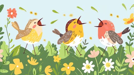 Obraz premium Create a illustration of a Meadowlarks singing in a fieldin a kawaii style, simplified to feature fewer elements for a cleaner look, Use a color palette that is appealing to children, with brig