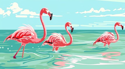 Obraz premium Create a illustration of a Flamingos in a shallow lakein a kawaii style, simplified to feature fewer elements for a cleaner look, Use a color palette that is appealing to children, with bright