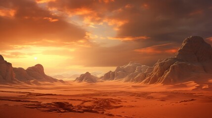 A serene desert landscape at sunset, showcasing rugged mountains and warm colors.