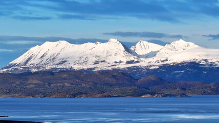 Mountains Time Lapse At Cape Horn In Puerto Navarino Chile. Snowy Mountains. Glacier Landscape. Puerto Navarino Chile. Winter Background. Mountains Time Lapse At Cape Horn In Puerto Navarino Chile.