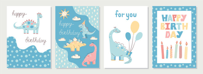 Collection of cute dinosaur cards. Happy Birthday cards and greetings. Hand drawn in pastel colors. Vector illustration.