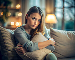 woman sitting on a couch hugging the pillow at night, Mood off.