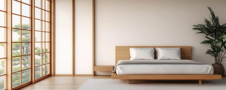 Minimalist bedroom featuring futon bed, sliding shoji doors, clean lines, Japanese-style interior, harmony with nature, calming atmosphere