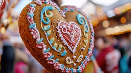 A close-up shot of a gingerbread heart cookie at Oktoberfest, intricately decorated with colorful icing and patterns, with a festive background of people and decorations, symbolizing the sweetness