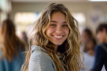 Fototapeta premium A smiling female student proudly holding up her exam results in the classroom. Her beaming expression and visible excitement reflect her hard work and success, capturing a moment of accomplishment and