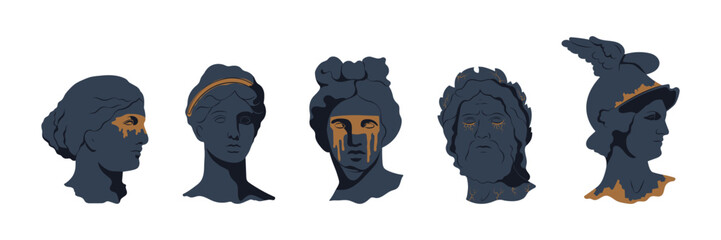 Aesthetic set of greek sculptures in dark color with gold effect. Modern y2k creative antique characters, head silhouettes, ancient statues in 2000s. Vector illustration 