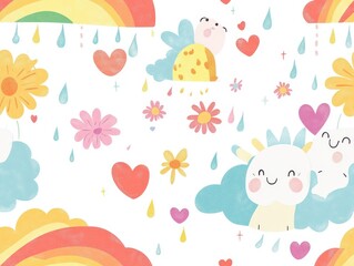 seamless pattern, Playful kawaii rainclouds showering heart-shaped raindrops on smiling flowers and adorable critters