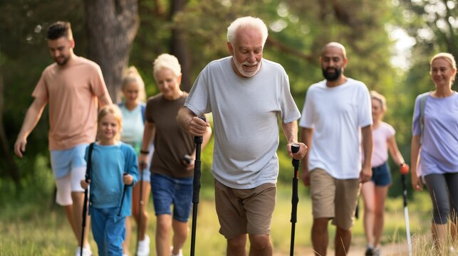 People of all ages and abilities participating in a charity walk, expressions of determination and unity, promoting inclusivity and health awareness, scenic outdoor path