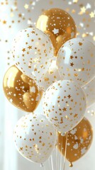 White and gold balloons hanging on white background with falling confetti