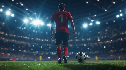 Naklejka premium Player prepares to take a penalty kick during a night soccer match in a packed stadium
