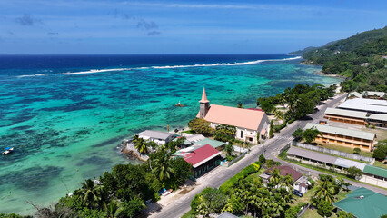 Church Beach At Anse Royale Beach In Mahe Island Seychelles. Church Beach. Africa Background. Anse Royale Beach At Mahe Island. Tourism Landscape. Nature Seascape. Outdoors Travel.