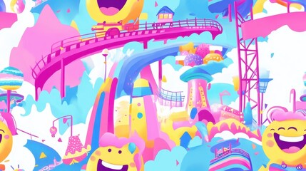 seamless pattern, Kawaii carnival scene with smiling roller coasters