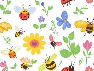seamless pattern, Cheerful kawaii insects including ladybugs