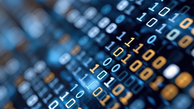 Binary code displays intricate data patterns on a digital interface, showcasing the flow of information in a vibrant, technological environment during nighttime - Powered by Adobe