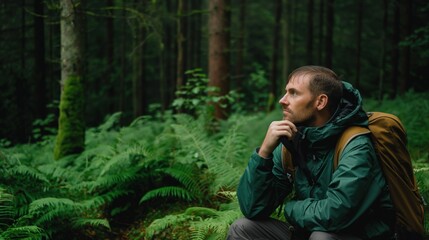 A man with a backpack sits thoughtfully among vibrant ferns, enjoying the tranquility of a dense forest on a serene day