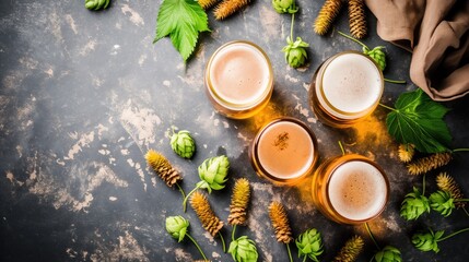 Four different craft beers are arranged on a rustic table, surrounded by fresh hops and pine cones, creating a vibrant and natural aesthetic perfect for beer enthusiasts