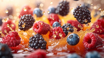 Fresh berries splashing in orange juice with bubbles at morning light