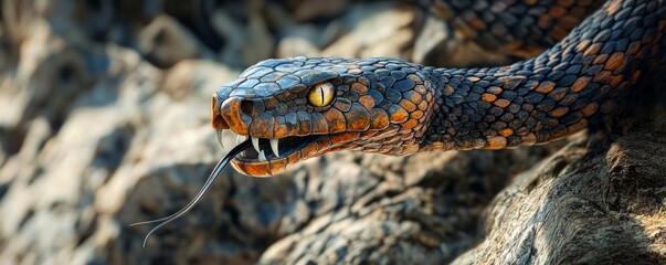 Obraz premium Venomous black snake slithering on rocks showing forked tongue